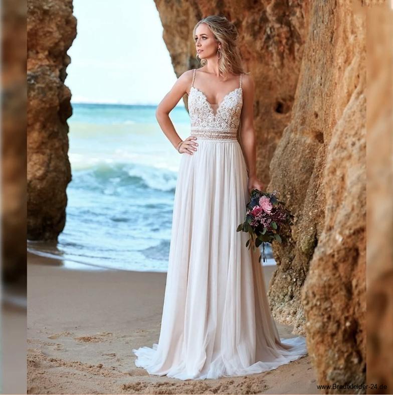 Spaghettiträger Beach Empire Brautkleid Bodenlang mit&nbsp;Blumenspitze