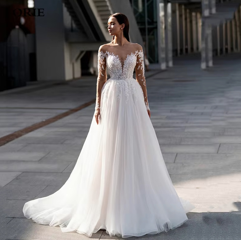 Modernes A Linie Brautkleid Bianca mit Illusion Ausschnitt und Tattoo&nbsp;Spitze