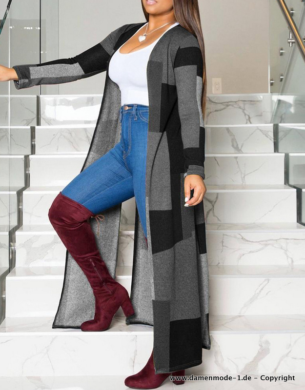 Lange Colorblock Strickjacke Cardigan Online in Silber&nbsp;Schwarz