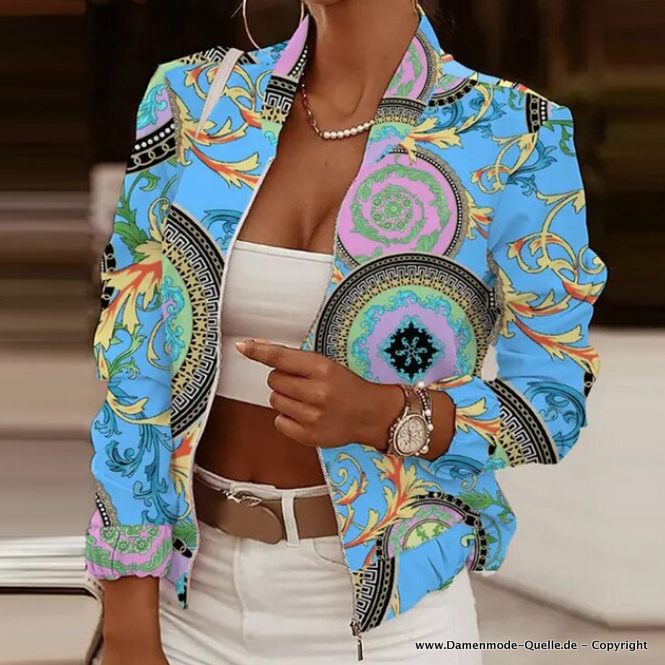 Kurze Damen Jacke Beth Elegant für den Frühling Blau mit Muster