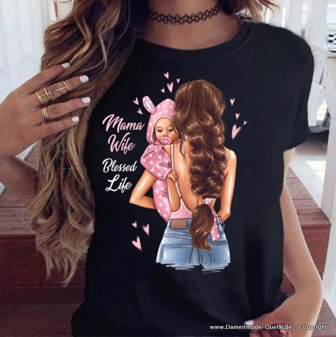 Mama Liebe Print Damen T-Shirt in&nbsp;Schwarz