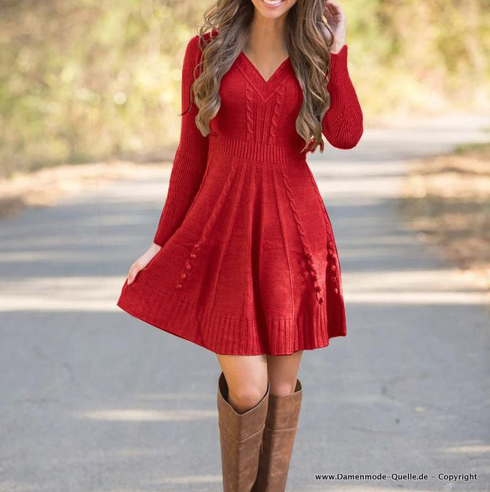  A Linie Strick Pulloverkleid mit V Ausschnitt in&nbsp;Rot