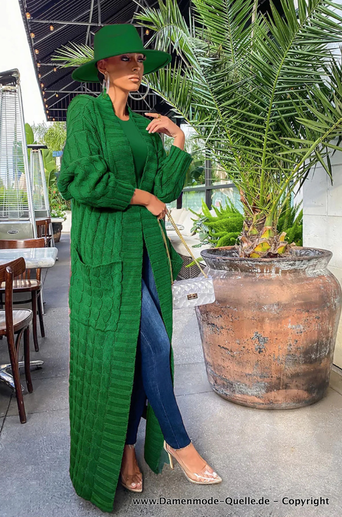 Lange Herbst Frühling Strickjacke für Damen in&nbsp;Dunkelgrün