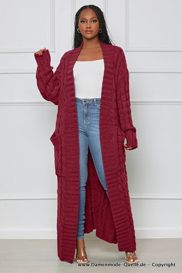 Lange Herbst Frühling Strickjacke für Damen in Weinrot&nbsp;Dunkelrot