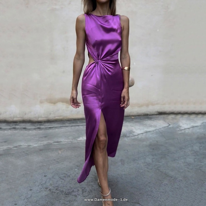 Plissee Satin Sommer Rundhals Ausschnitt Party&nbsp;Abendkleid