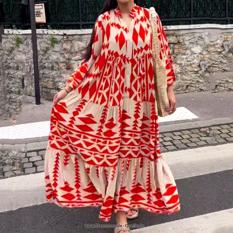 Damen Langarm Kunstdruck Maxikleid in&nbsp;Orange