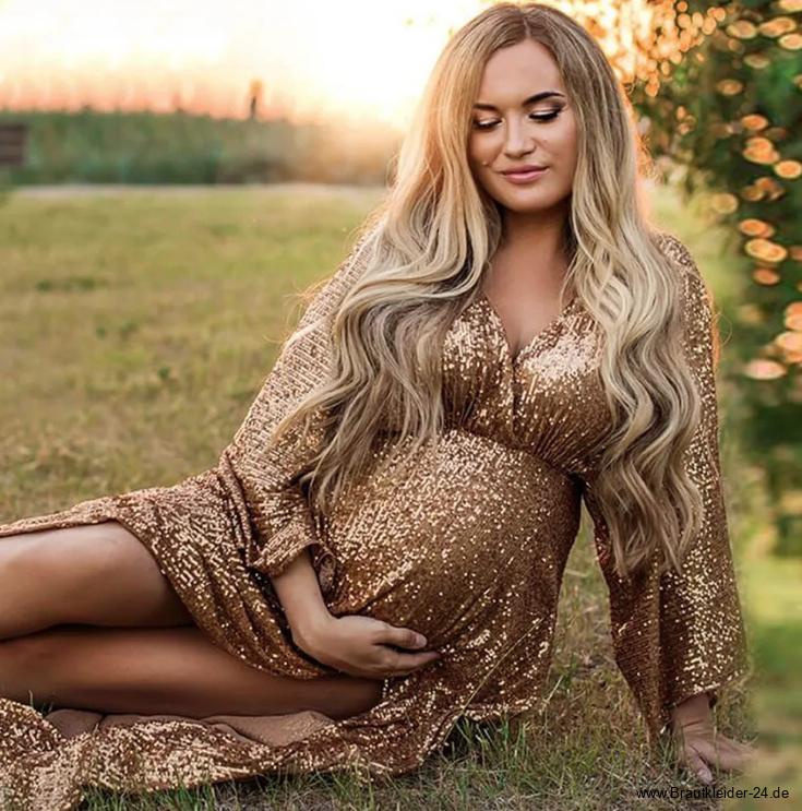 Empire Glitzer Umstandsbrautkleid in&nbsp;Gold