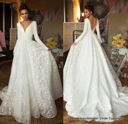 Langarm A Linie Brautkleid mit Rückenausschnitt und Spitzen Applikationen