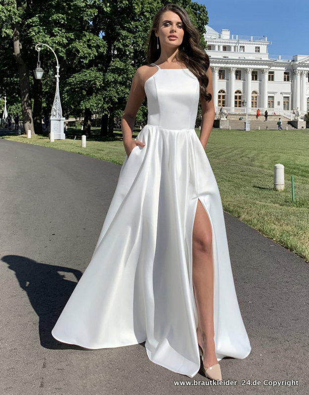 Satin Cut Out Standesamtkleid Lang in&nbsp;Weiß
