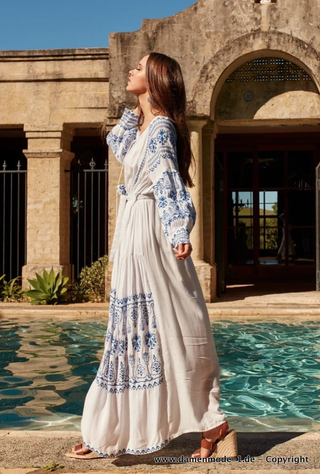 Langarm Boho Sommerkleid in Weiß&nbsp;Blau
