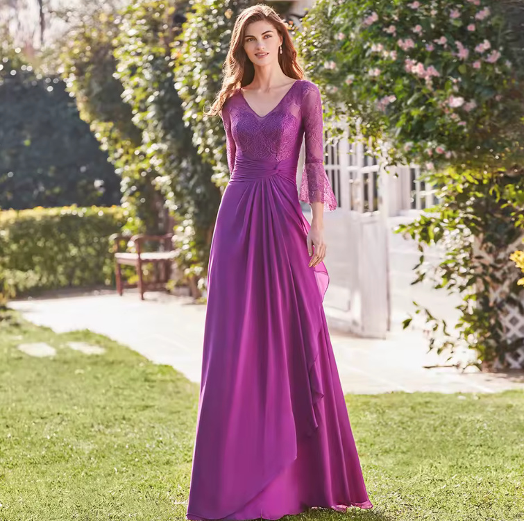 A Linie Brautmutterkleid 2025 Festlich in in Lila mit Ärmeln aus&nbsp;Spitze