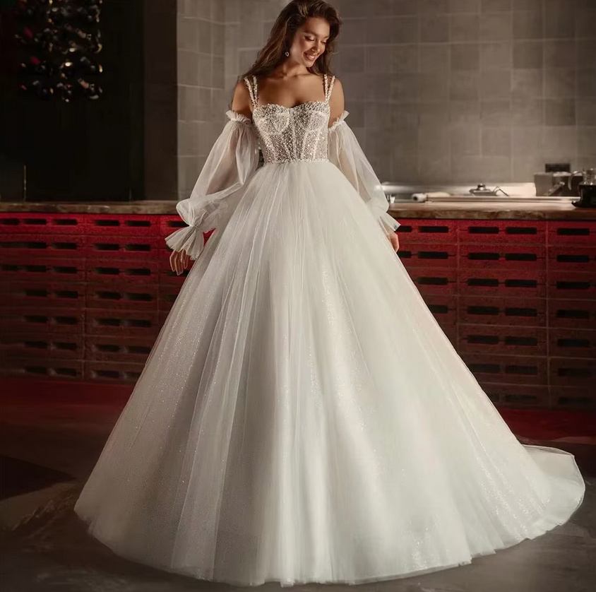 A Linie Glitzer Brautkleid Gottlindis mit Lingerie Oberteil Ärmel&nbsp;Abnehmbar