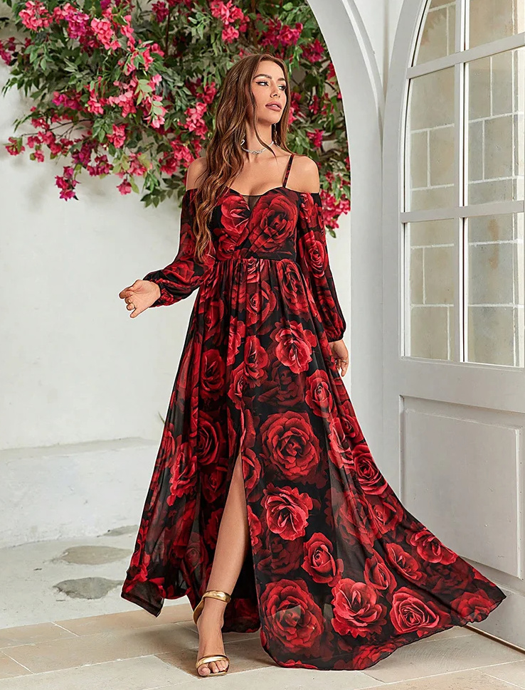 A Linie Spaghettiträger Kleid Elegant für Hochzeitsgäste mit Rote&nbsp;Rosen