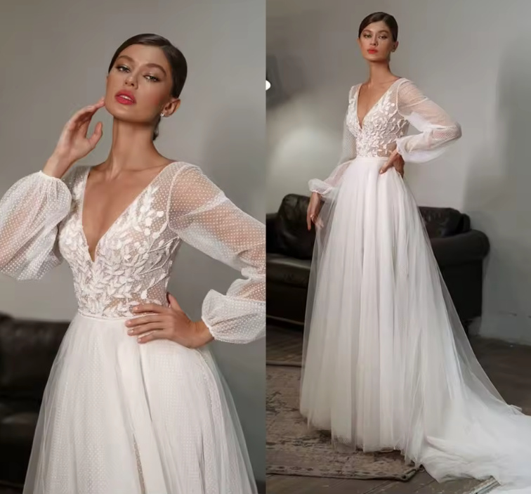 Boho Style Langarm Tüll Brautkleid Grace mit&nbsp;Pinselschleppe