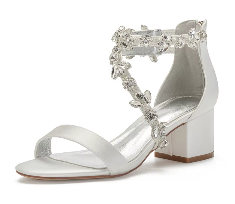 Brautsandalen aus Satin mit Kristallen Blockabsatz offene Spitze Zipper Mid Heels für Hochzeit &&nbsp;Party