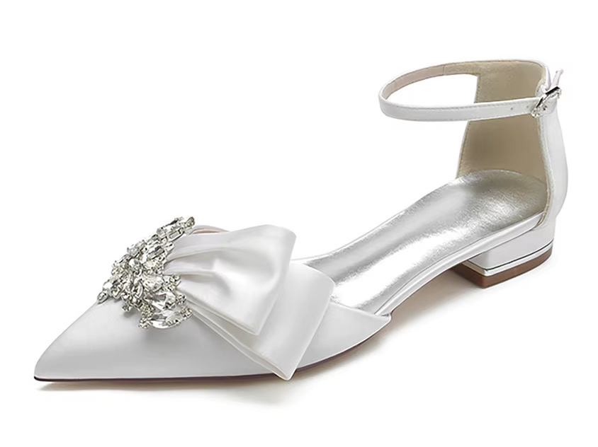 Elegante Satin-Flats mit Strass & Knöchelschnalle – Spitze Hochzeitsschuhe für Damen – Flache Sandalen für Brautjungfern, Abschlussball &&nbsp;Hochzeit