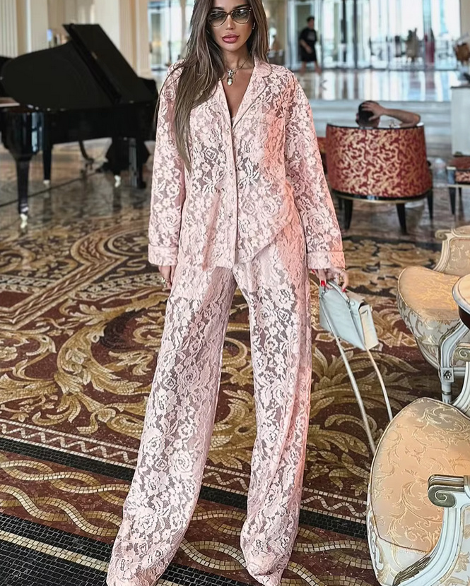 Eleganter Zweiteiler für Damen 2025 Sexy Outfit aus Spitze in&nbsp;Rosa