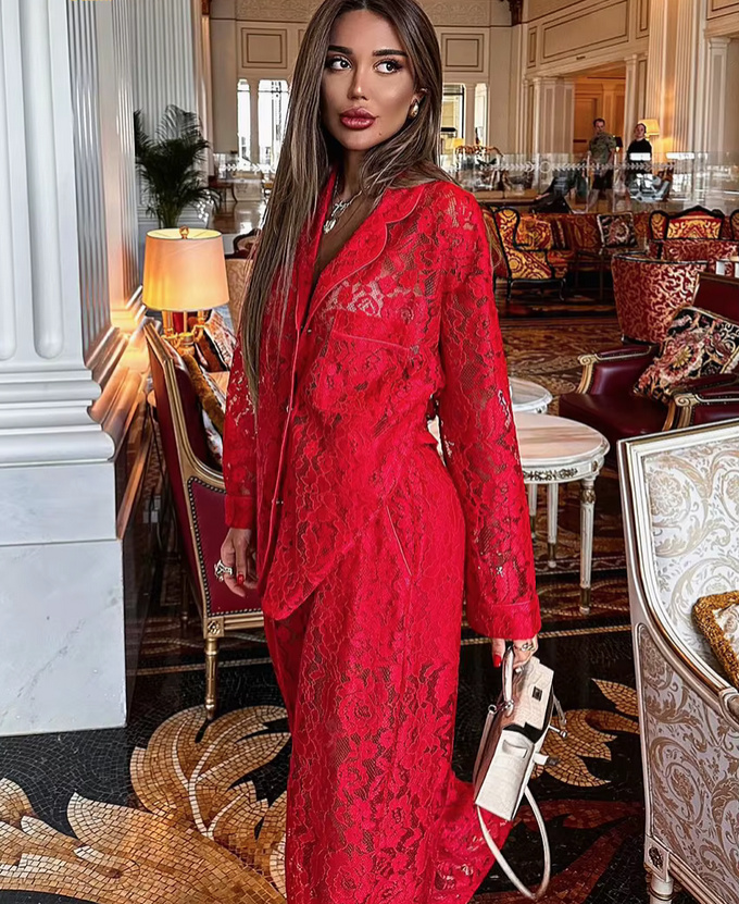 Eleganter Zweiteiler für Damen 2025 Sexy Outfit aus Spitze in&nbsp;Rot
