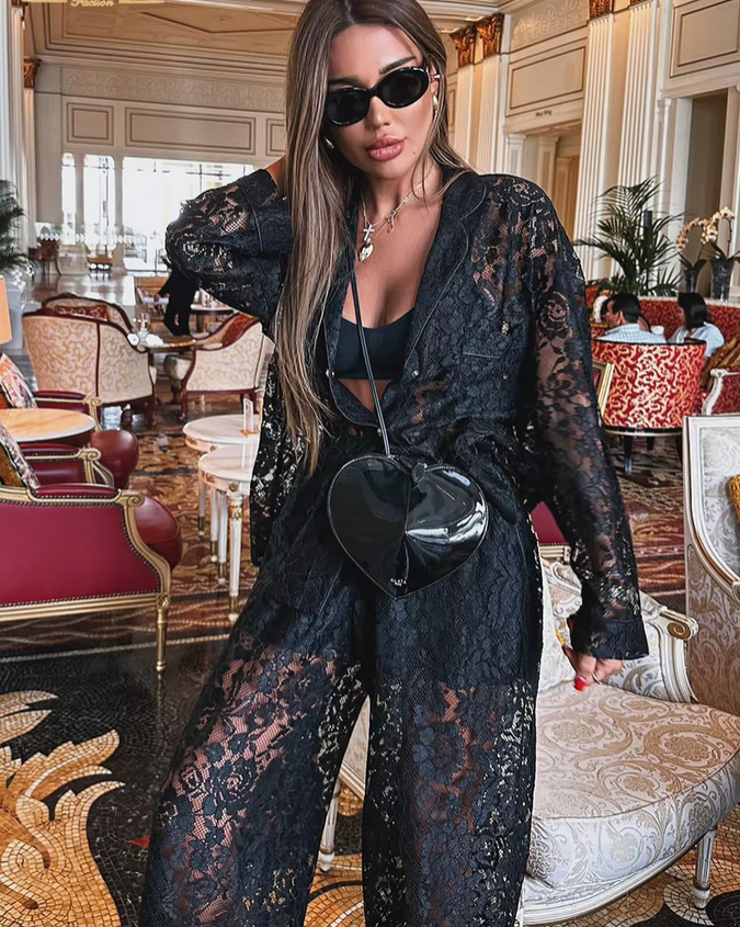 Eleganter Zweiteiler für Damen 2025 Sexy Outfit aus Spitze in&nbsp;Schwarz