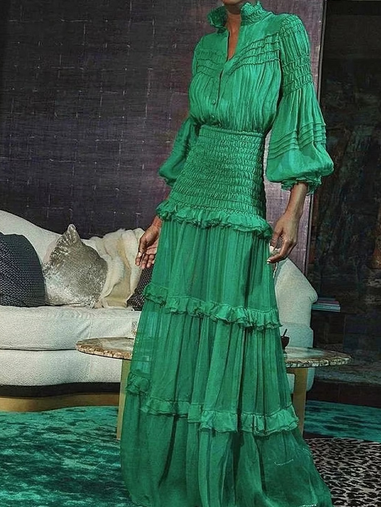 Elegantes Langarm Maxi Sommerkleid Lang in Grün mit&nbsp;Laternenärmeln