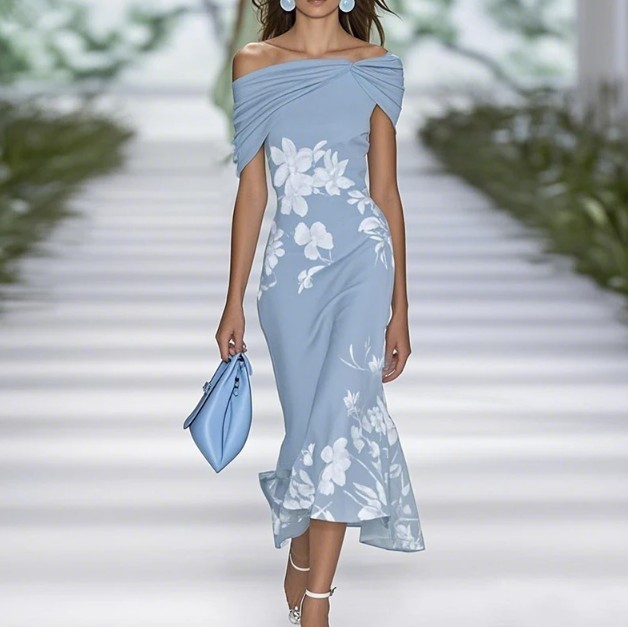 Elegantes Meerjungfrau Sommerkleid in Hellblau mit&nbsp;Blumenmuster