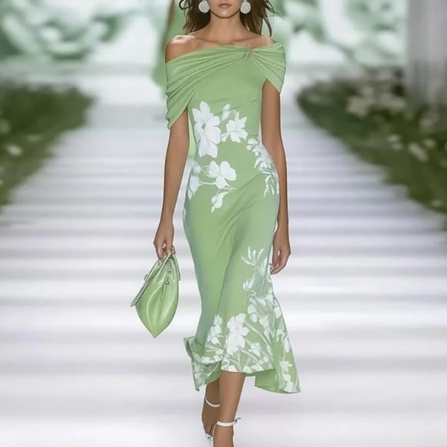 Elegantes Meerjungfrau Sommerkleid in Hellgrün mit&nbsp;Blumenmuster