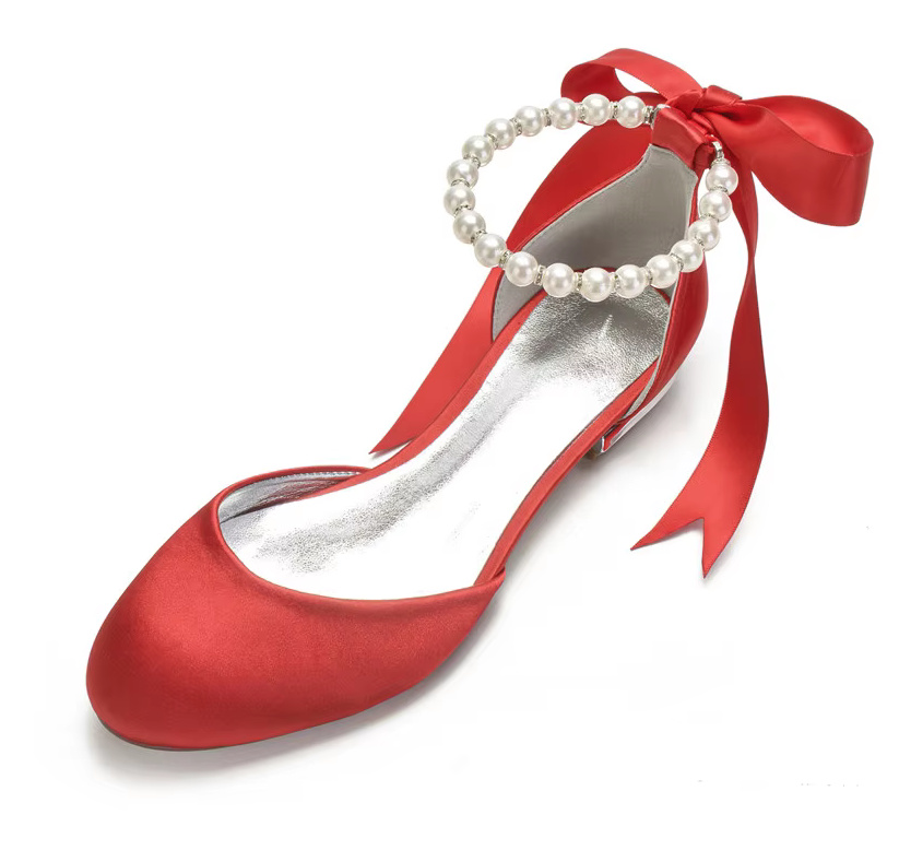 Flache Braut Ballerinas in Rot mit Perlen&nbsp;Knöchelriemen