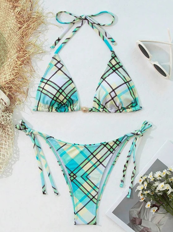 Halterneck Bikini 2025 Grün Kariert zum&nbsp;Binden