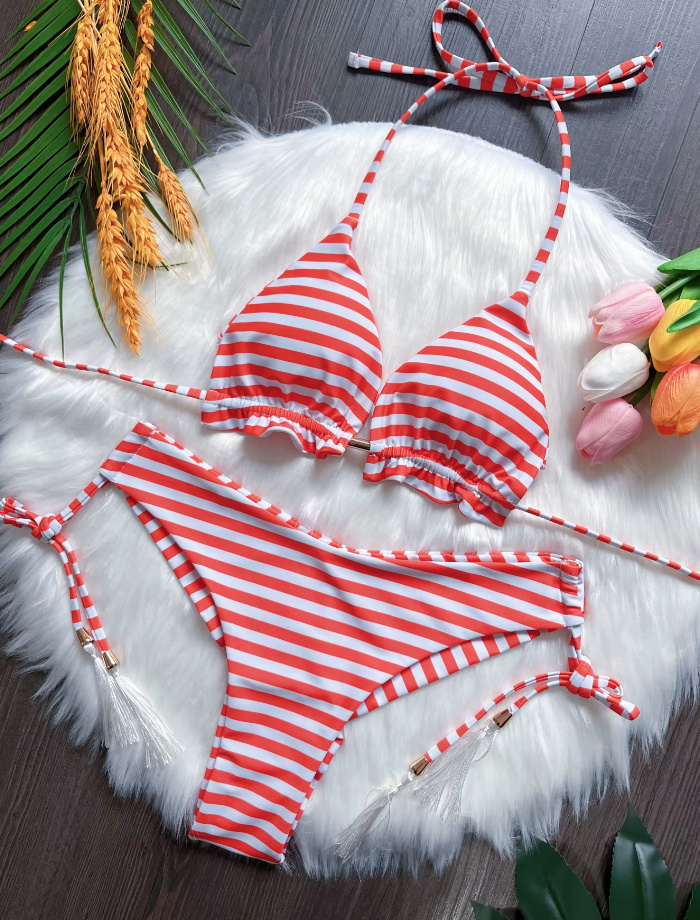 Halterneck Bikini 2025 Rot Weiß&nbsp;Gestreift