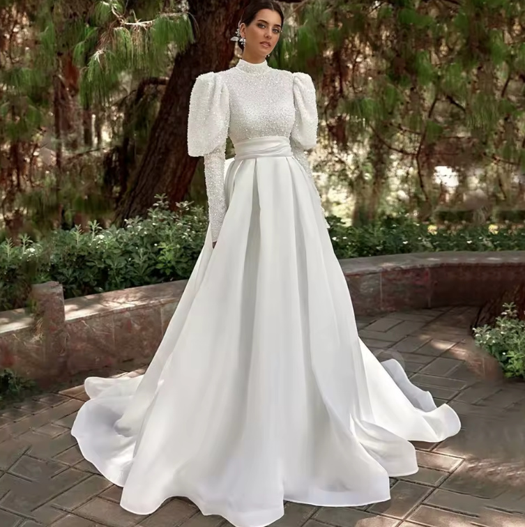 Langarm Vintage Brautkleid Hendrike mit Puffärmeln und perlen Pailletten&nbsp;Applikationen