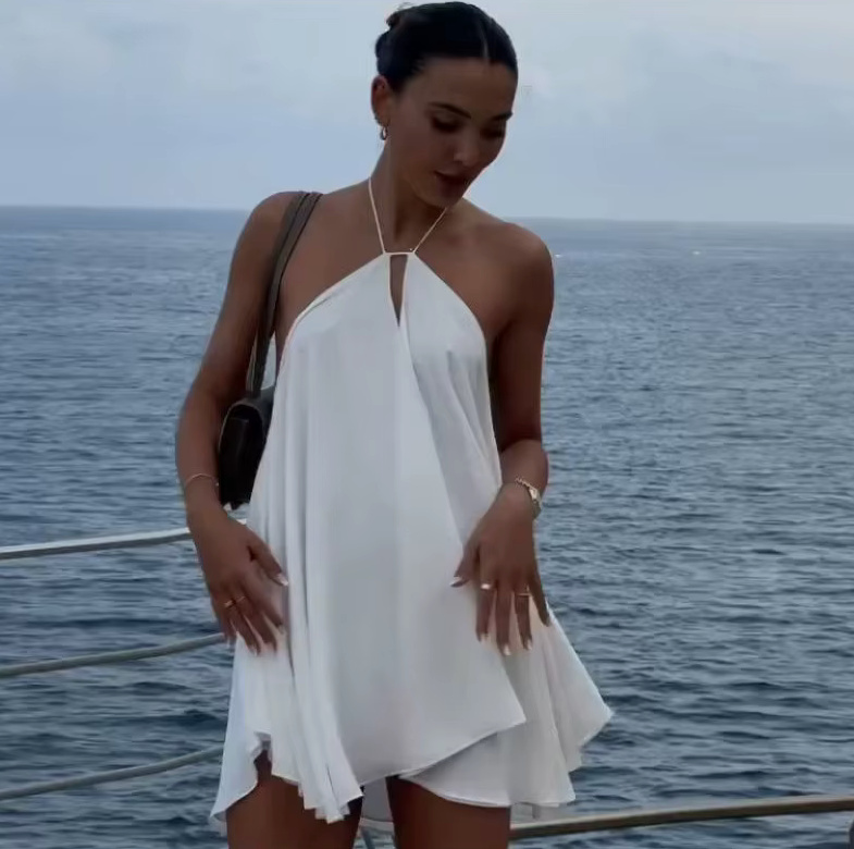 Neckholder Chiffon Sommerkleid 2025 Hängerchen in Weiß&nbsp;Rückenfrei