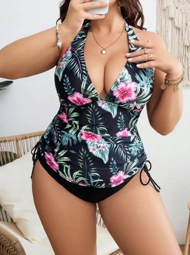 Neckholder Träger Damen Tankini 2025 in Schwarz mit&nbsp;Blumenmuster