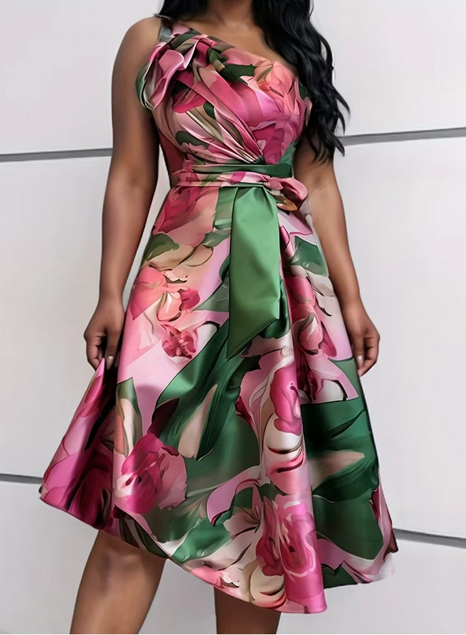 One Shoulder Satin Sommerkleid 2025 Asymmetrisch Elegant mit&nbsp;Blumenmuster