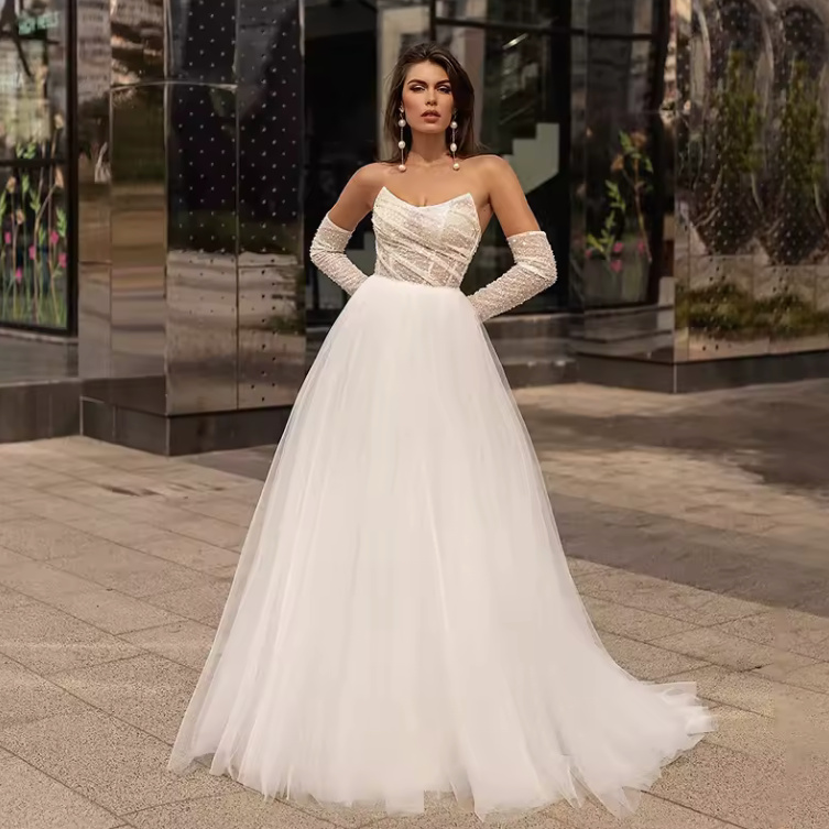 Schulterfreies A Linie Brautkleid Henrikje Ärmel&nbsp;Abnehmbar