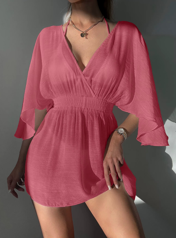 Sexy Mesh Strandkleid 2025 Kurz mit V Ausschnitt in Rose