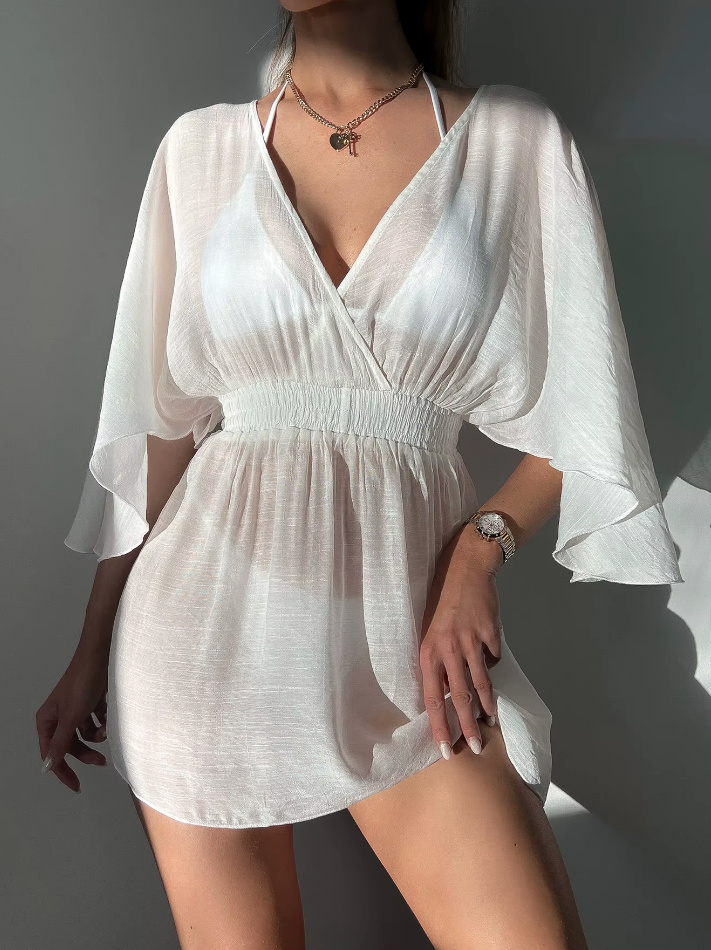 Sexy Mesh Strandkleid 2025 Kurz mit V Ausschnitt in&nbsp;Weiß