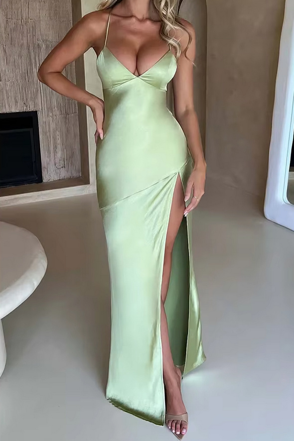 Sexy Spaghettiträger Satin Sommerkleid 2025 Elegant in Hellgrün