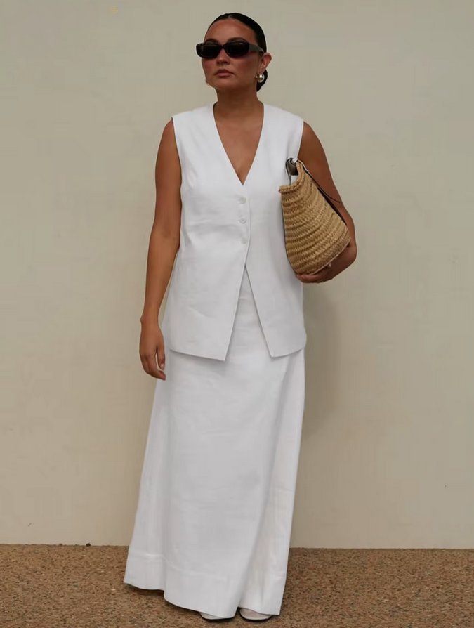 Sommer-Set Braut-Outfit Standesamt Zweiteiler in Weiß Ärmellos mit&nbsp;Rock