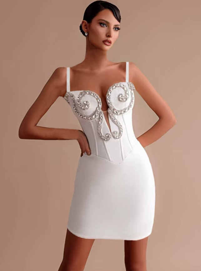 Spaghettiträger Strass Standesamtkleid Kurz in&nbsp;Weiß