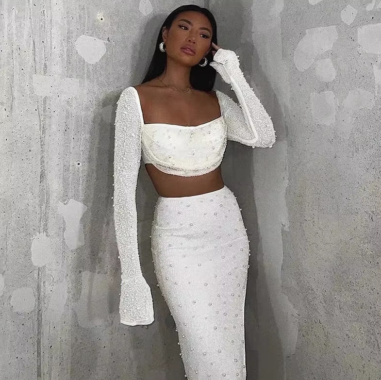 Standesamt Outfit Sexy Zweiteiler Immanuela für die Braut mit Perlen Weiß