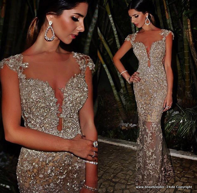 Sexy Etui Brautkleid Birgitte in Gold mit Pailletten Perlen&nbsp;Bestickt