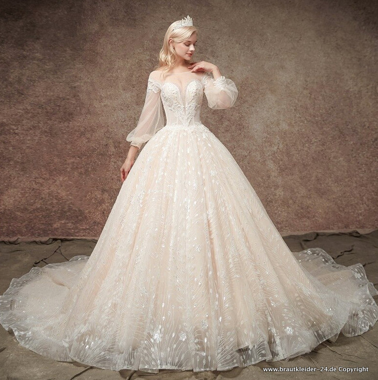 Pailletten Brautkleid Hochzeitskleid mit Tüll Ärmel und Schleppe in&nbsp;Champagne