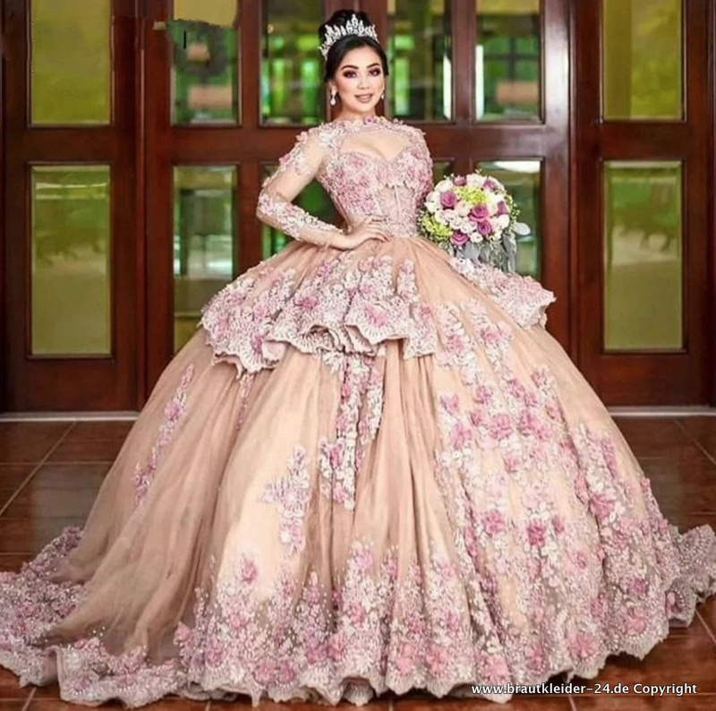 Prinzessin Brautkleid Langarm Quinceanera Hochzeitskleid in Champagne mit Blumen