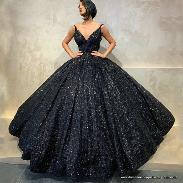 Bodenlanges Abendkleid in Schwarz mit V-ausschnitt und Spaghetti&nbsp;Träger