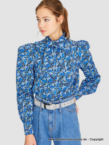 Langarm Seiden Damen Bluse mit Puff Ärmel und Blumenmuster