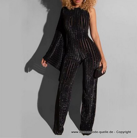 Sexy One Shoulder Glitzer Pailletten Overall Jumpsuit in&nbsp;Schwarz