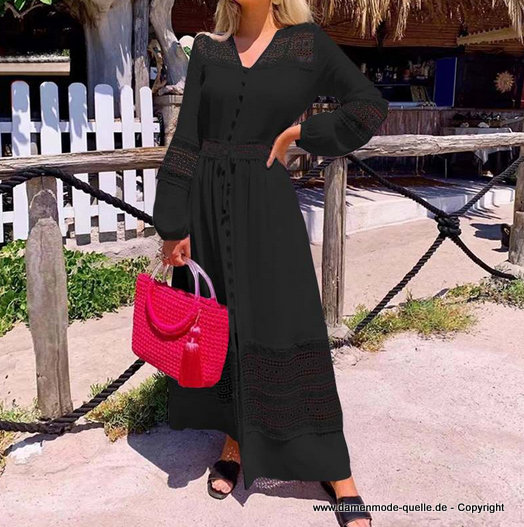 Langarm Baumwoll Sommerkleid in Schwarz zum&nbsp;Knöpfen