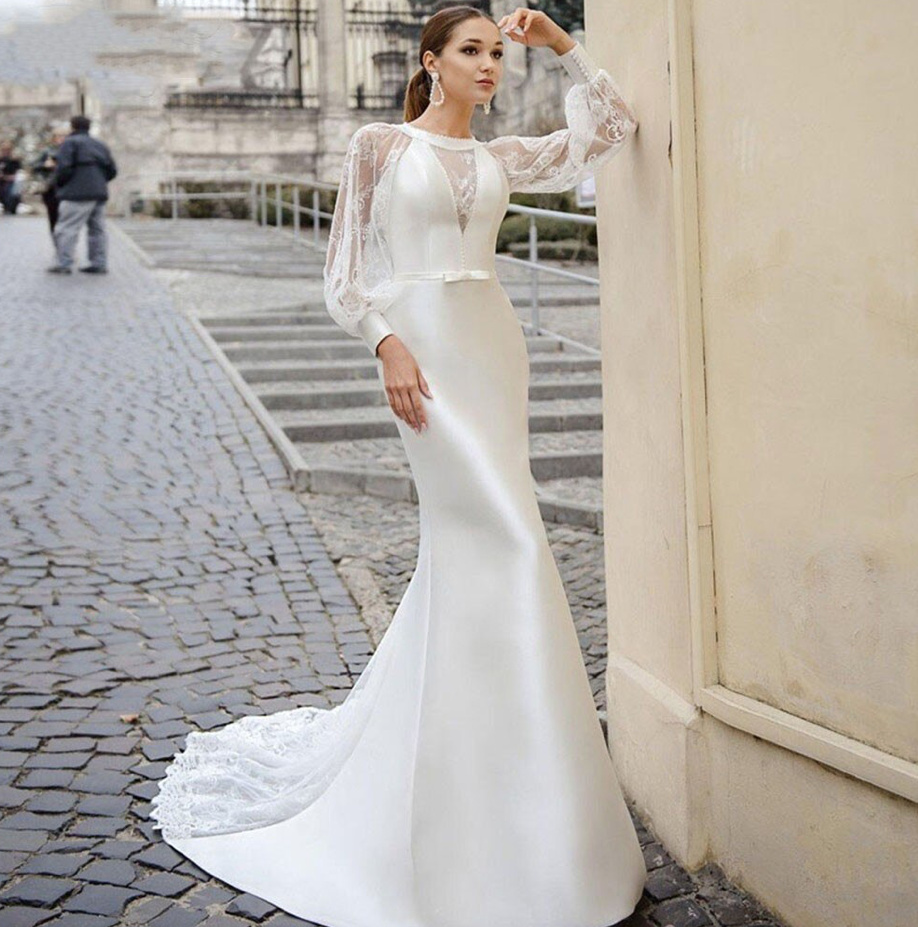 Fit and Flare Langarm Brautkleid Ann-Britt mit Spitze und&nbsp;Schleppe