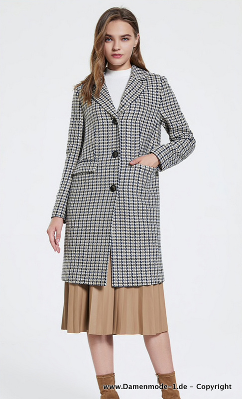 Wollmischung Damen Mantel Elegant Blau Weiß Kariert