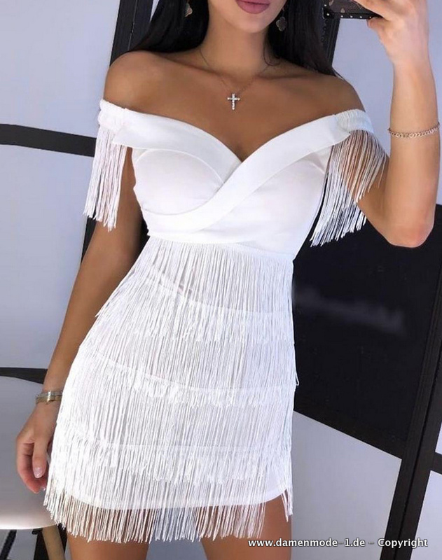 Schulterfreies Mini Kleid in Weiß Sexy mit&nbsp;Fransen